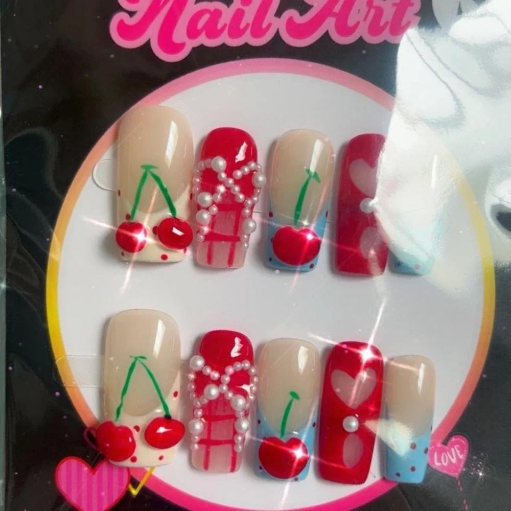 Y2K HANDMADE CUTE CHERRIES FAKE NAIL SET NEW SMALL‎